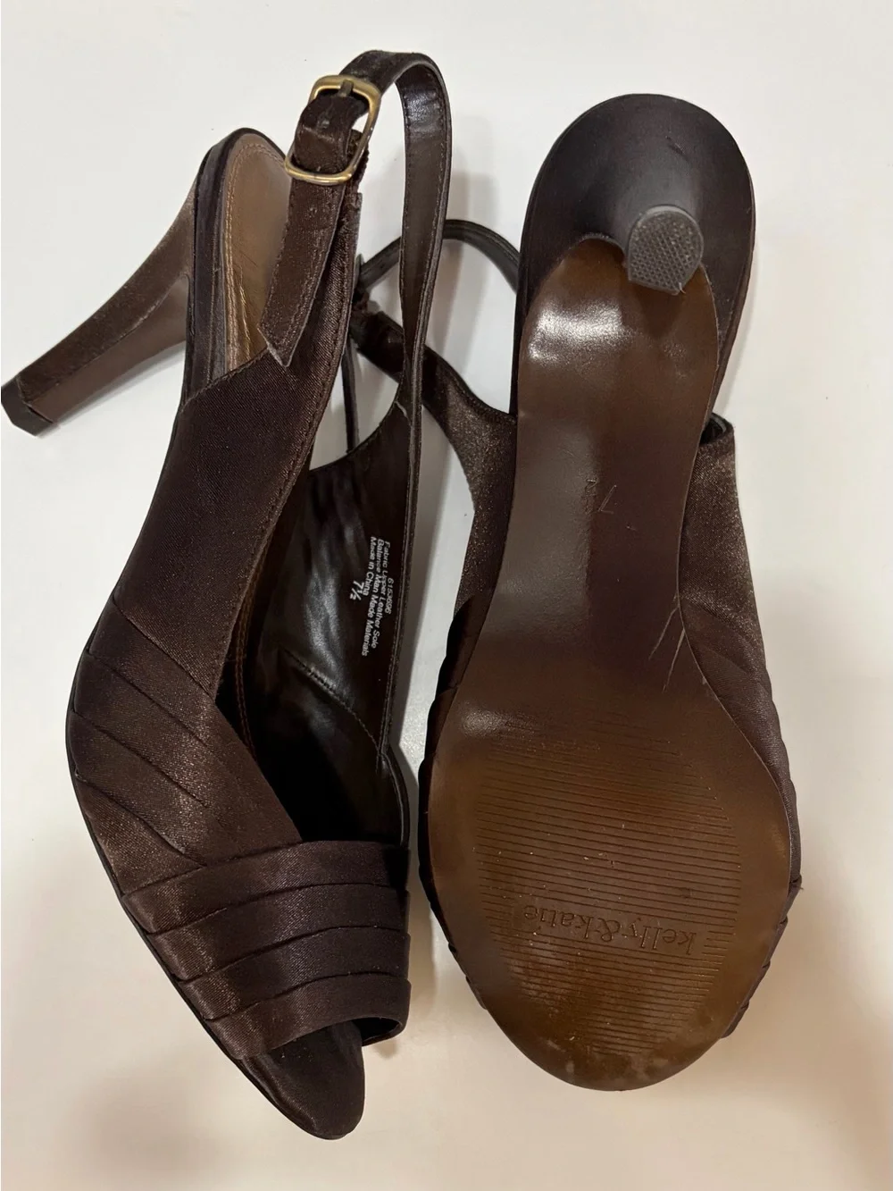 Kelly & Katie Dark Brown Satin Slingback Peep-Toe Heels